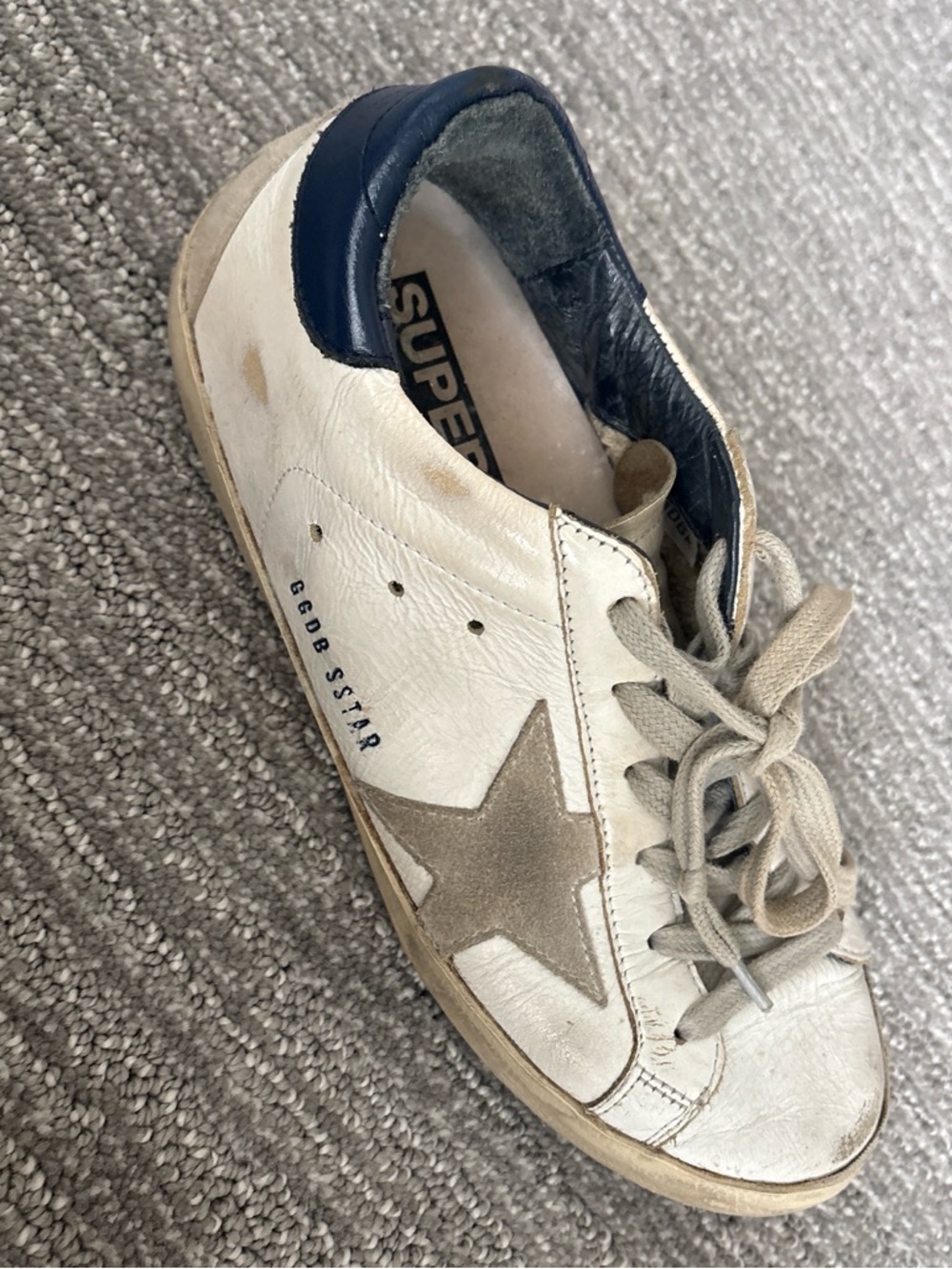 Golden Goose Men’s White Leather Sneakers with Taupe Star and Navy Heel